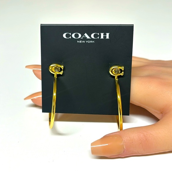 Coach Accessories - Coach Gold Signature 1.5" Hoop Earrings with Crystal